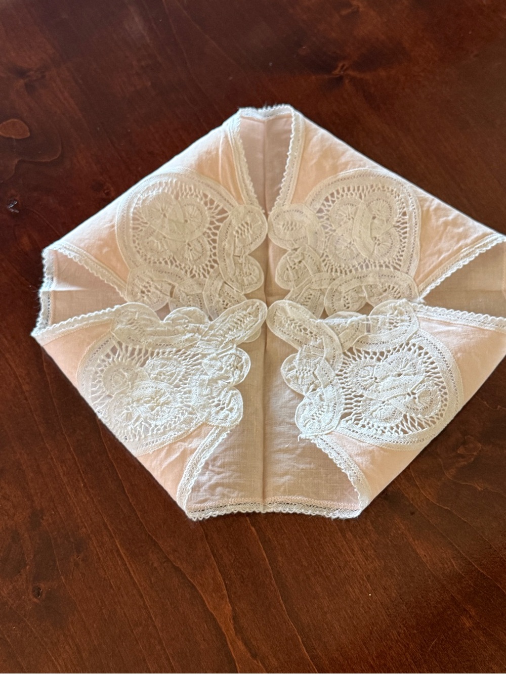 Embroidered light pink Linen bread basket liner,white tatting/embroidered detail